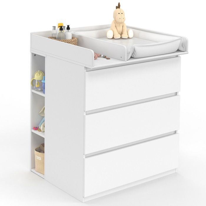 IDMARKET Ambre White Convertible Changing Unit with 3 Drawers, Changing Table and 2 Removable Shelves