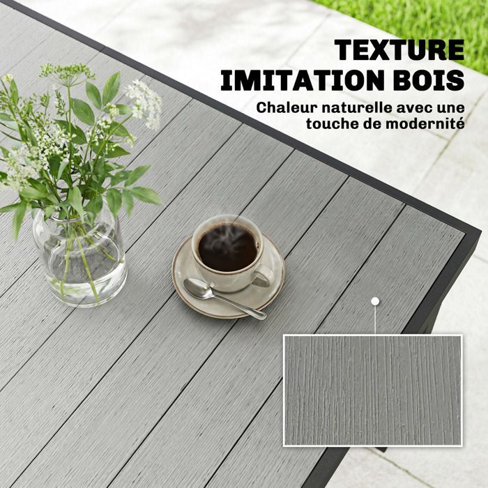 Mesa de jardín Outsunny - Para 4 a 6 personas - Rectangular - Tablero de listones y patas de acero - 140 x 90 x 74 cm - Gris