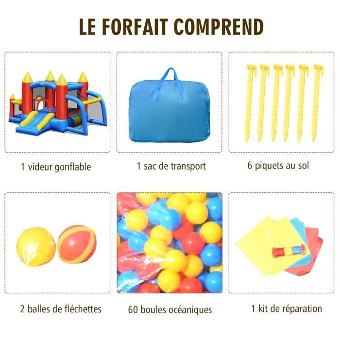 COSTWAY Château Gonflable pour Enfants avec Souffleur 450W Toboggan 60 Boules Colorées,Jeux de Fléchettes But de Football Sac