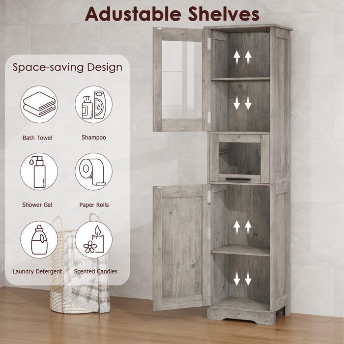 Mueble de baño alto con estantes ajustables, puertas, cajón y compartimento, 40x30x170cm, GRIS