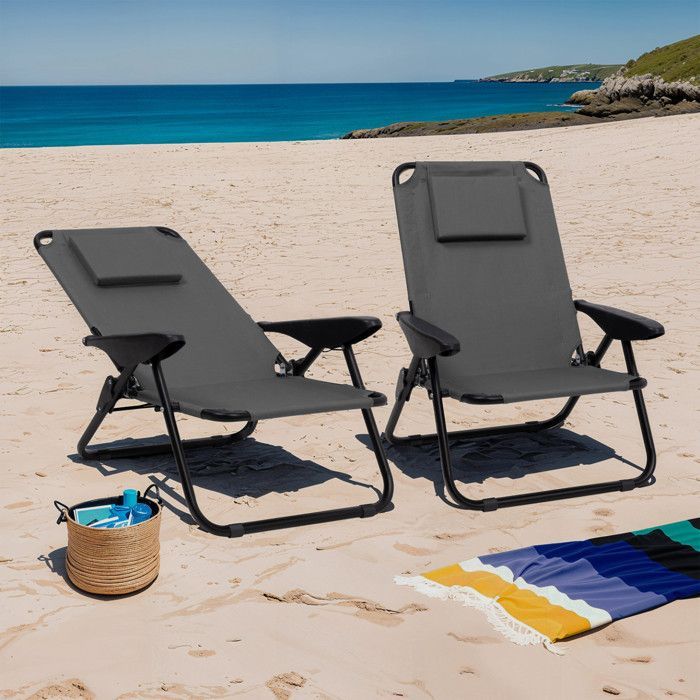 IDMARKET Lot de 2 chaises de plage pliantes - fauteuils de jardin inclinables sac à dos gris anthracite et toile grise