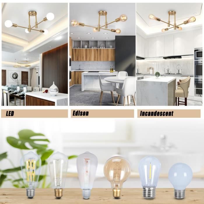WOTTES Industriële Plafondlamp, 4 Lampen E27 Retro Vintage Metalen Plafondlamp, Moderne Koperen Woonkamer Kroonluchter
