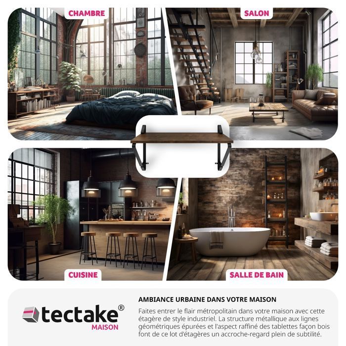 Estantería de pared - TECTAKE - Juego de 2 estantes colgantes IRVINE de aglomerado - Madera oscura