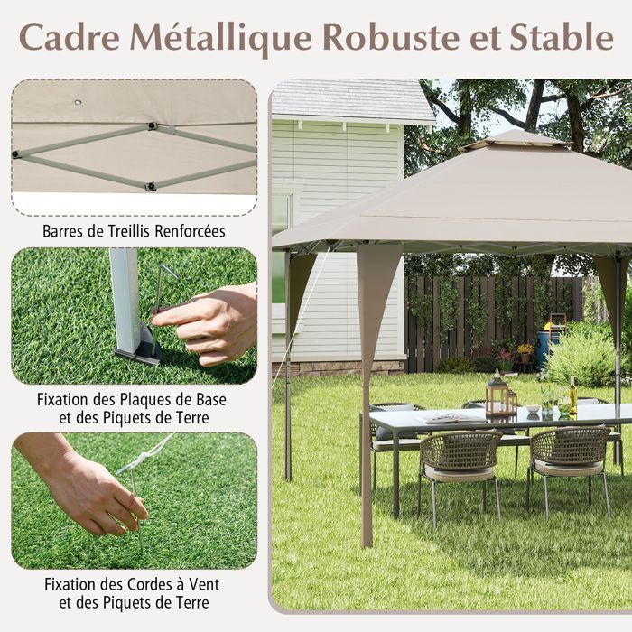 Tonnelle de Jardin Pop-up Toit Aéré 395X395CM-COSTWAY-3 Hauteurs Réglables -Tente Réception pour Fête BBQ- Sac de Transport Kaki