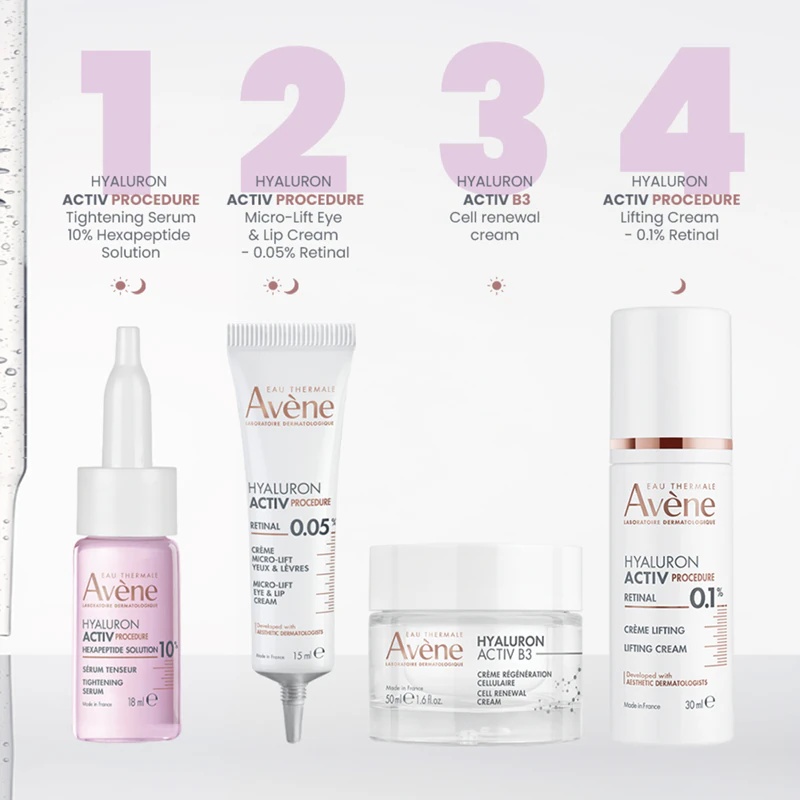 „Avène Hyaluron Activ“ procedūrinis stangrinamasis serumas – 10 % heksapeptidų tirpalo raukšles mažinantis serumas su stangrinamuoju efektu.