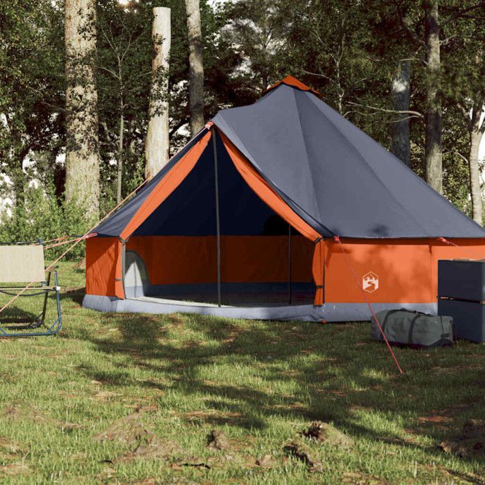 Tenda tipi per famiglie, impermeabile, grigia e arancione, per 6 persone.
