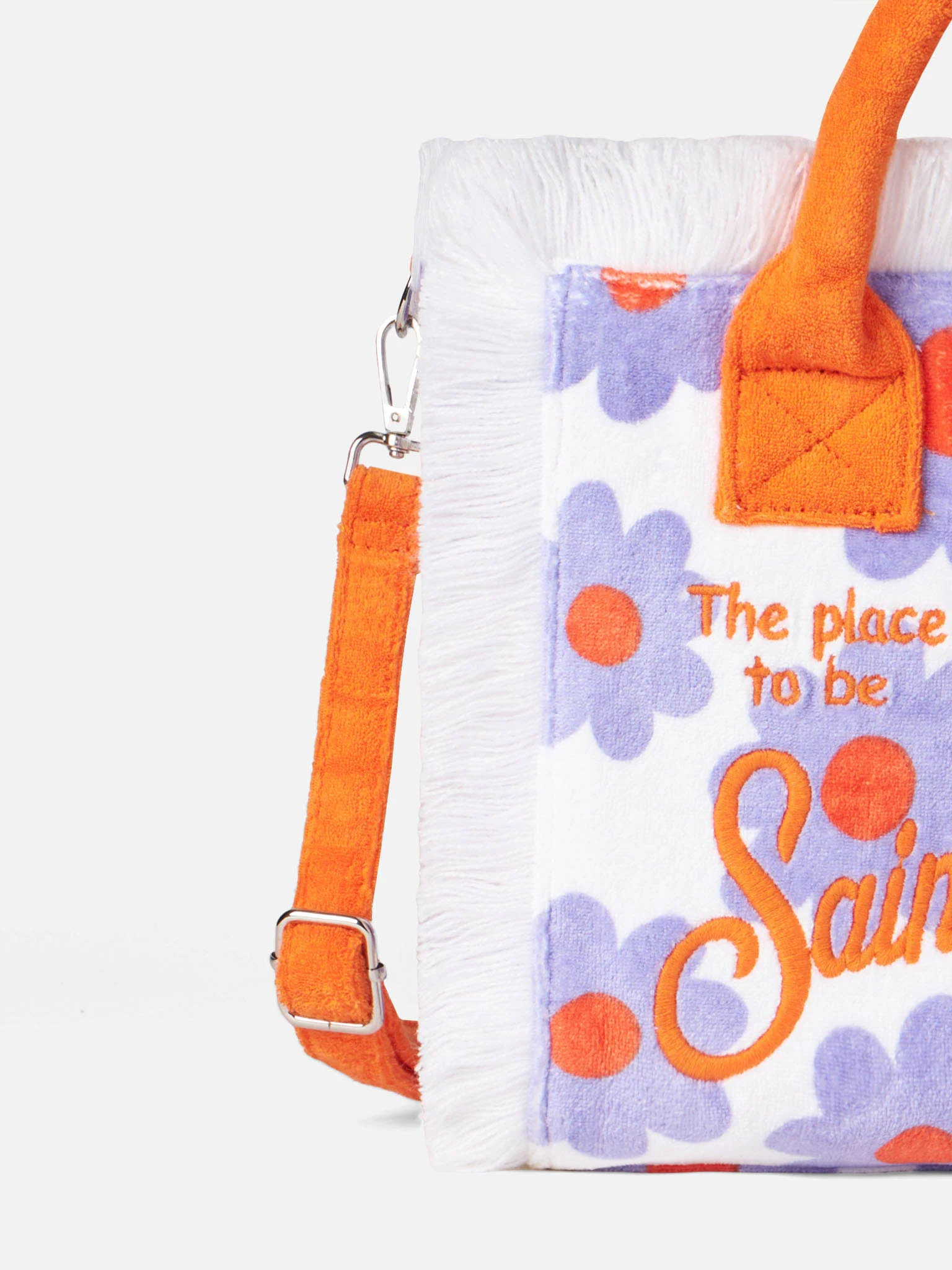 Bolso de mano Colette Terry con flecos y estampado de margaritas violetas y naranjas | Logotipo MC2 Saint Barth | 30 x 22 x 15 cm