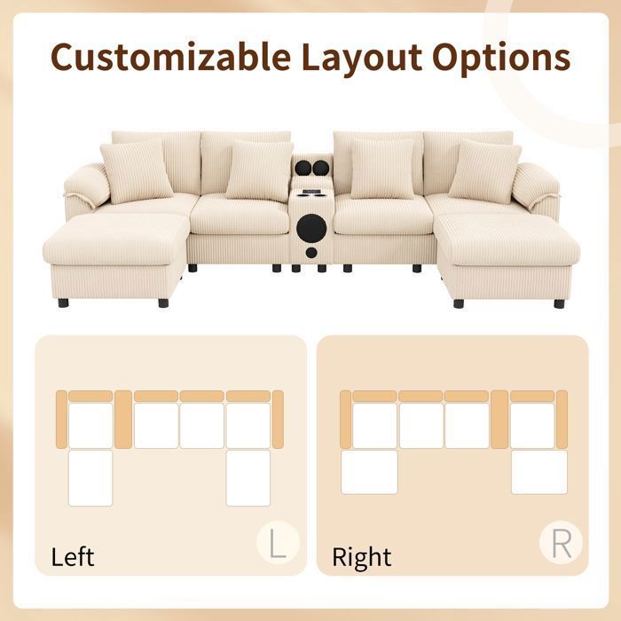 Modulares Ecksofa aus grauem Cord mit Bluetooth-Lautsprecher und Konsole, 6-Sitzer-Sofa mit USB-Anschluss und Kissen, Beige