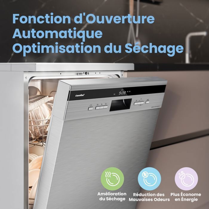 COMFEE Lave-Vaisselle Pose Libre 14 couverts, 8 Programmes de Lavage, 44 dB(A) Dpart Diffr, Demi-Charge, Inox Energy Class C