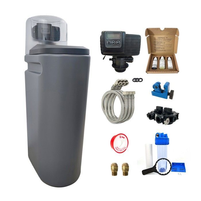 Descalcificador de agua Fleck 5600 SXT de 25 litros, completo con accesorios.