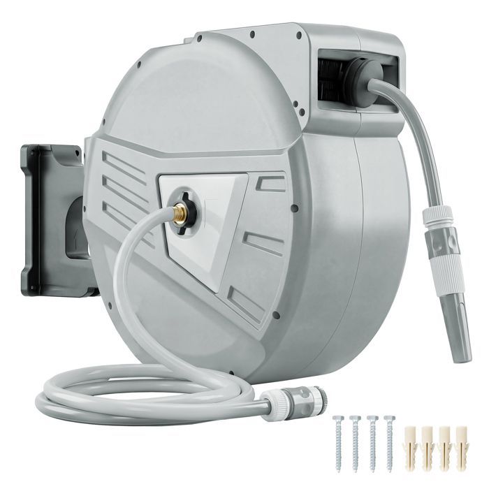 Enrollador de manguera de pared - Outsunny - 40+2 m x Ø 15 mm - Retráctil automático, giro de 180° - Plástico - Gris