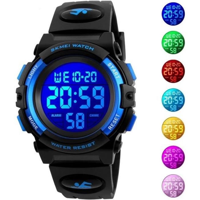 Montre Sport Montres de Luxe Enfants Garçon Numérique Étanche Horloges Watch Noir Bleu Cadeau de Noël