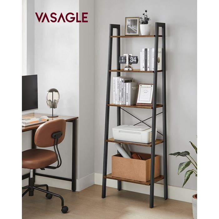 VASAGLE - Libreria a 5 ripiani - Scaffale a gradini vintage - Marrone rustico e nero