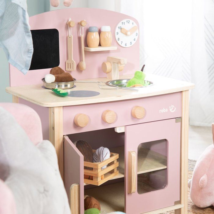 Cocina de juguete de madera ROBA para niños - Equipada con accesorios - Rosa / Natural