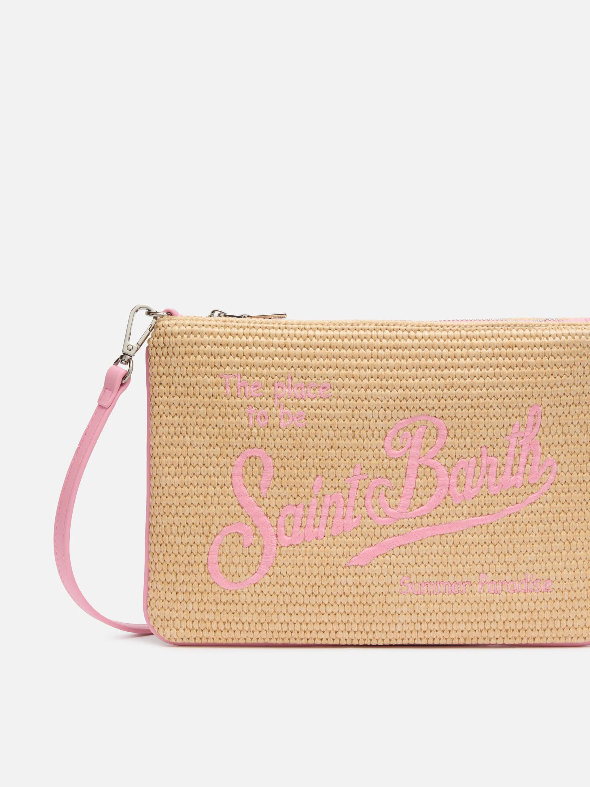 Parijse clutch met stro-effect en roze details.