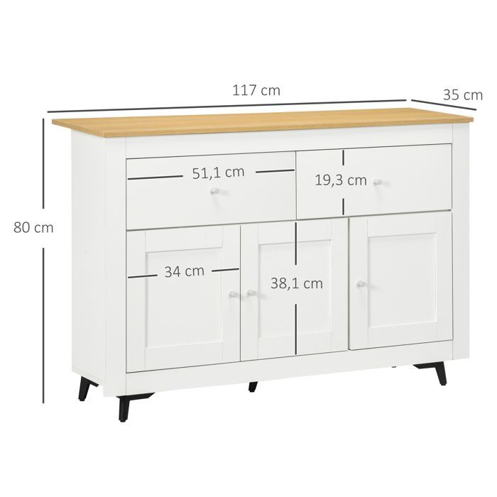 Buffet cuisine - HOMCOM - 2 tiroirs 3 portes et étagère réglable - pour cuisine, salle à manger, salon - 117 x 35 x 80 cm - blanc