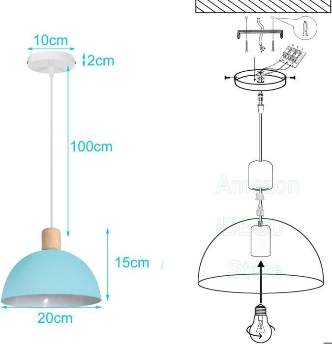 IDEGU Retro Hanglamp, Moderne Halfronde Plafondlamp, E27 Fitting, Hout en Metaal, Blauw, Ø 20CM