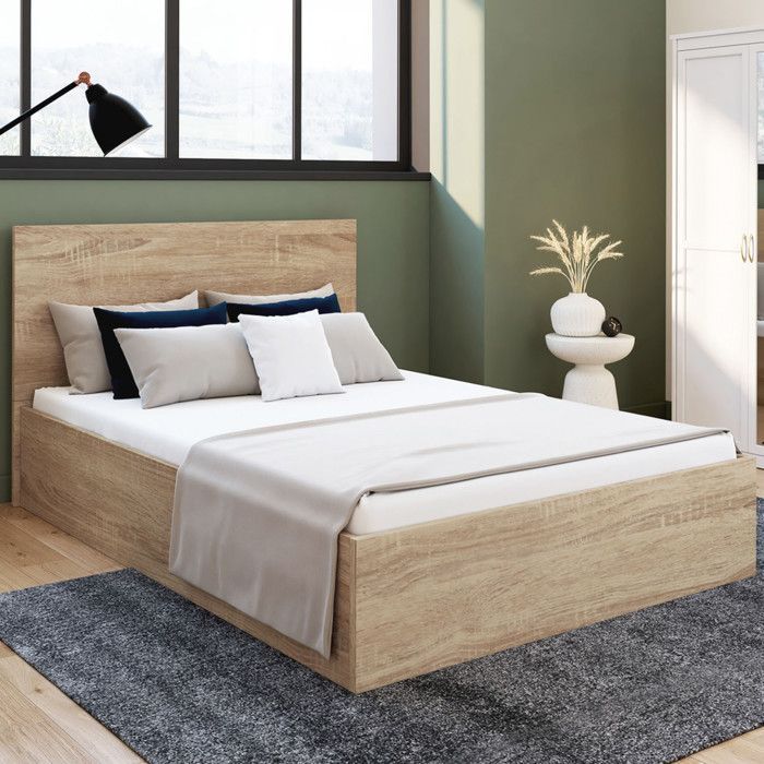 Cama doble con almacenamiento IDMARKET SEASIDE con cabecero y somier de láminas, 140x190 cm, acabado en haya.