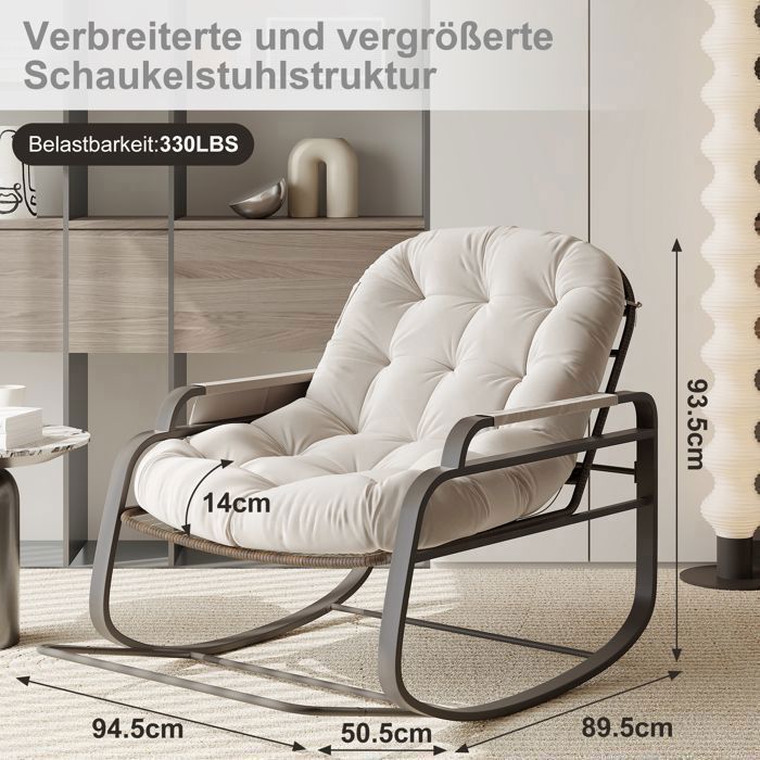 Sedia a dondolo - TANANT - Rattan - Cuscino imbottito - Tessuto di lino - Beige