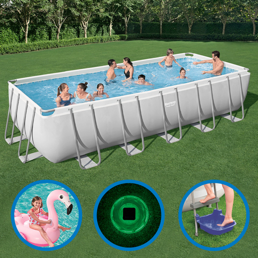 Pack piscine rectangulaire Bestway 640 x 274 x 132 cm avec accessoires et robot nettoyeur.