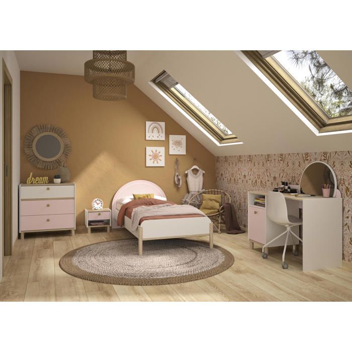 Cama de 120 cm x 190 cm con iluminación LED y cabecero rosa con efecto madera.
