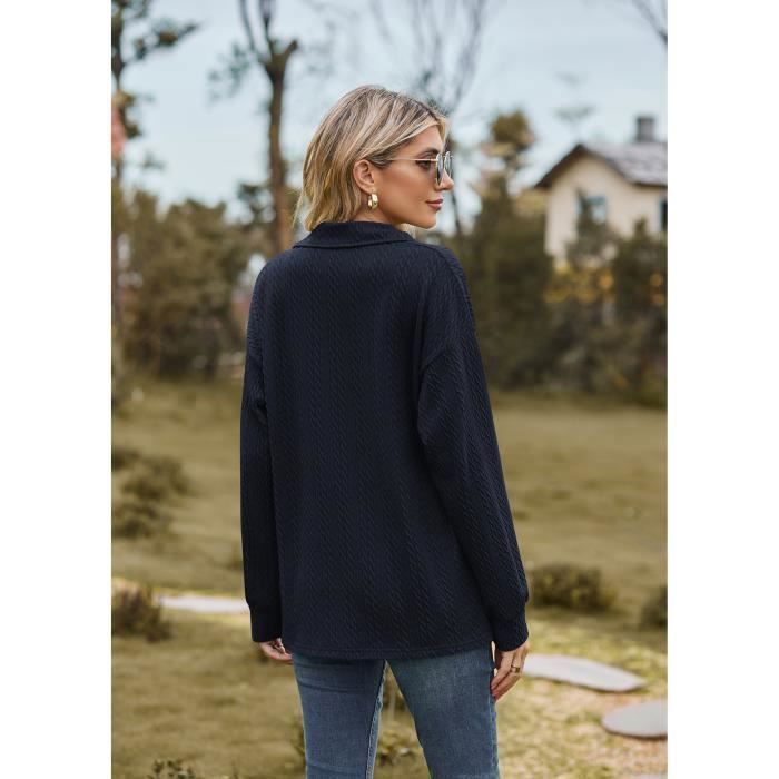 Pull Femme En Tricot Manches Longues Col V Pullover Lâche Couleur Unie Confortable Printemps Et Automne - Taille EU - Bleu Marine