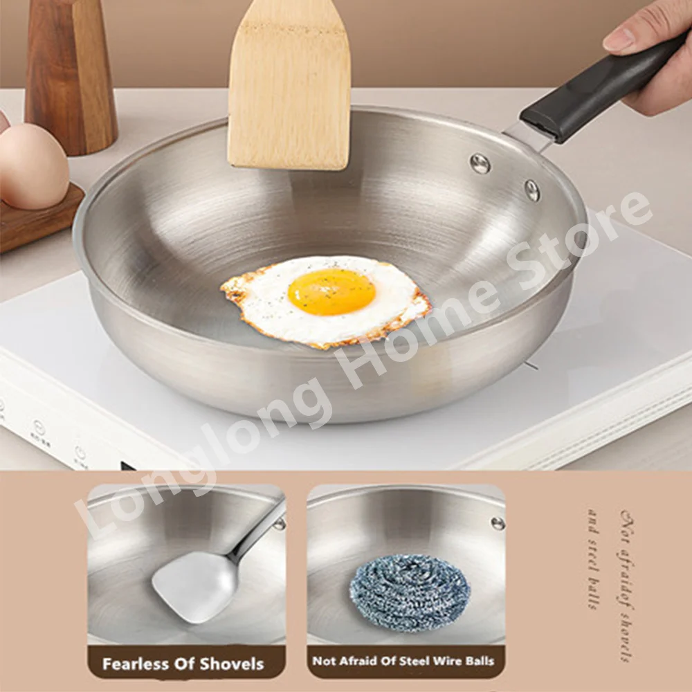Poêle à frire en acier inoxydable, wok non revêtu, casserole épaisse pour la cuisine, compatible avec les plaques à gaz et à induction, ustensiles de cuisine universels antiadhésifs.