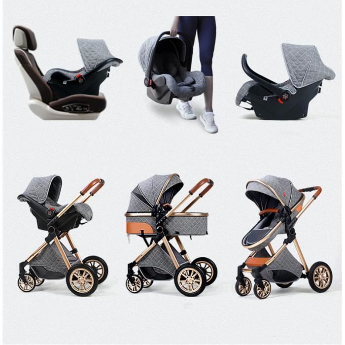 BAZARLAND30 Poussette 3 en 1 Bébé Combinée Siège-Auto Nacelle Trio Réversible Réglable Haute Qualité Roues increvables Canne khaki