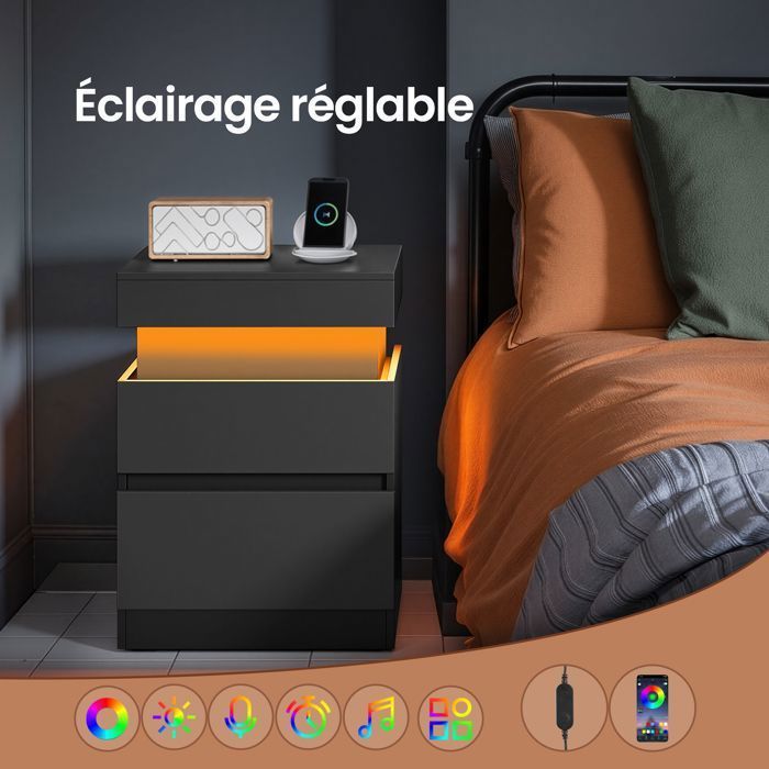 Comodino moderno con illuminazione a LED, set da 2, con 2 cassetti e multipresa integrata, dimensioni 35 x 40 x 55 cm, colore nero.