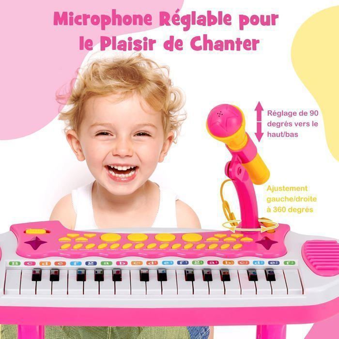 Piano electrónico para niños de 3 años, 31 teclas con taburete, COSTWAY - Micrófono, efectos de luz, 7 ritmos - Apagado automático - Rosa