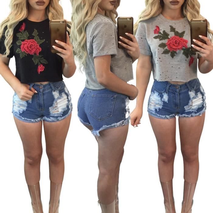 Camiseta negra ajustada para mujer - LEOCLOTHO - Flor rosa - Cuello irregular - Manga corta