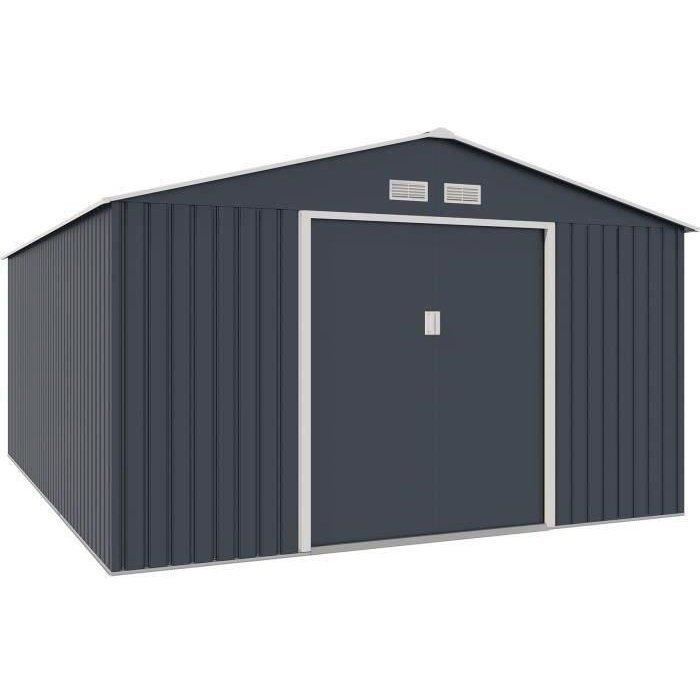 Metalen tuinschuur 15,16 m² - 340 x 446 x 210 - SATURNE - Inclusief verankeringsset, 2 schuifdeuren - Grijs
