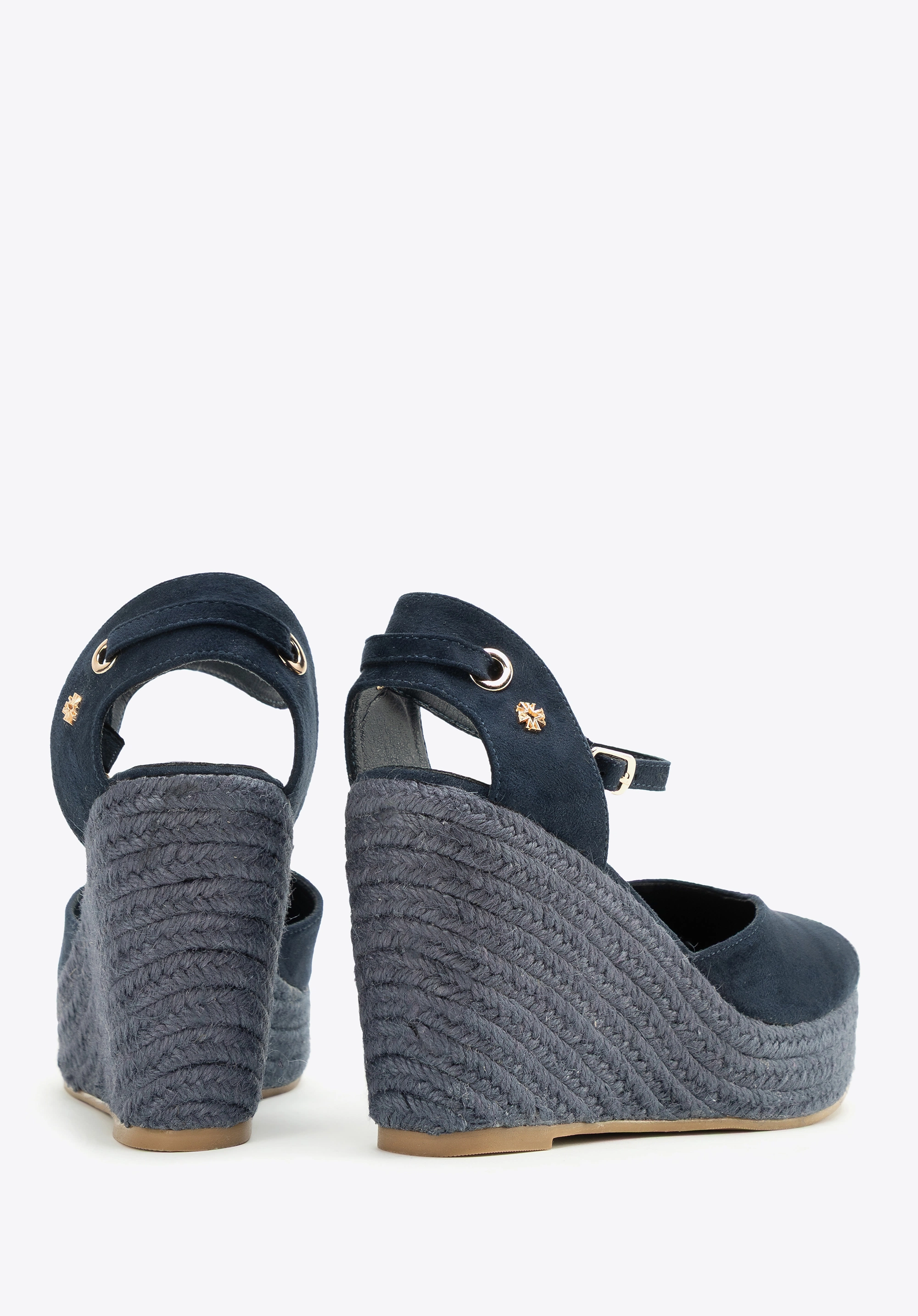 Damskie espadryle na koturnie z wiązaniem granatowe