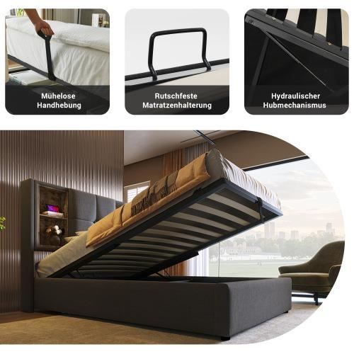 Lit rembourré 90 x 200 cm - Chargement sans fil USB C - Espace de rangement - Bois gris