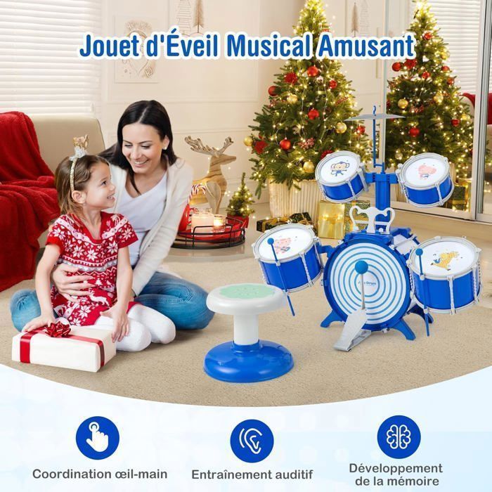 COSTWAY Children's Jazz Drum Set with Stool - 5 Detachable Drums, Cymbal, Drumsticks, Pedal - Educational Instrument Toy for 3 Year Olds
