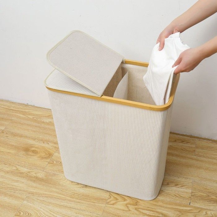 Paniers à linge - PROMO LINGE - Bambou - Coton - 54,5x34x60cm - Blanc