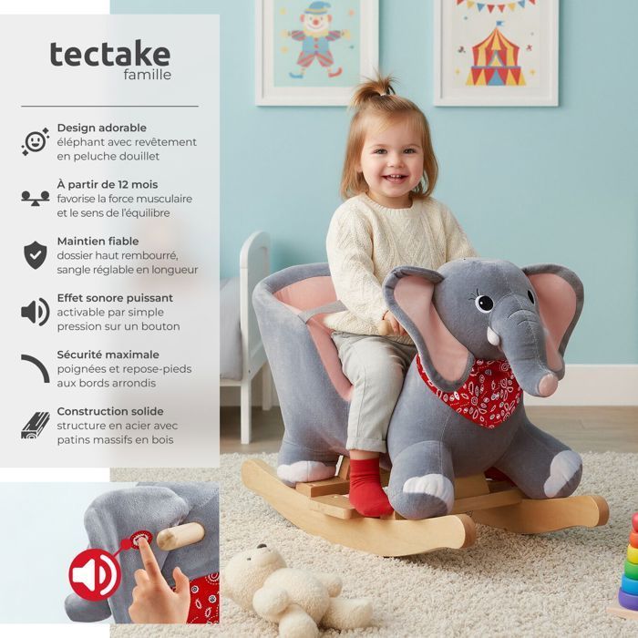 Juguete mecedor - TECTAKE - Elefante mecedor de peluche para niños de 12 meses en adelante con efectos de sonido 33 x 63 x 45,5 cm - Gris