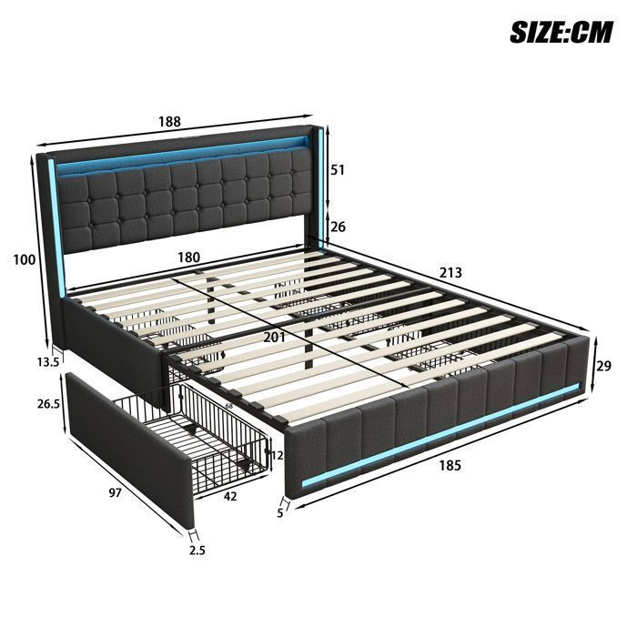 Bedframe - SUNFECILI - 180x200 cm - 4 lades - USB - LED - Donkergrijs