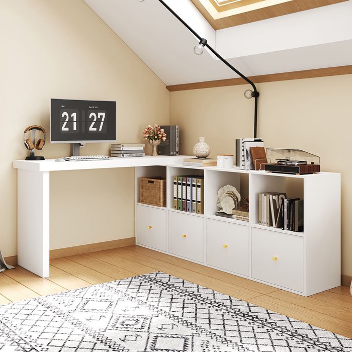 MERAX Bureau d’Angle Pivotant 360° avec Rangement, Bureau Modulable Blanc avec 4 Tiroirs et 4 Étagères