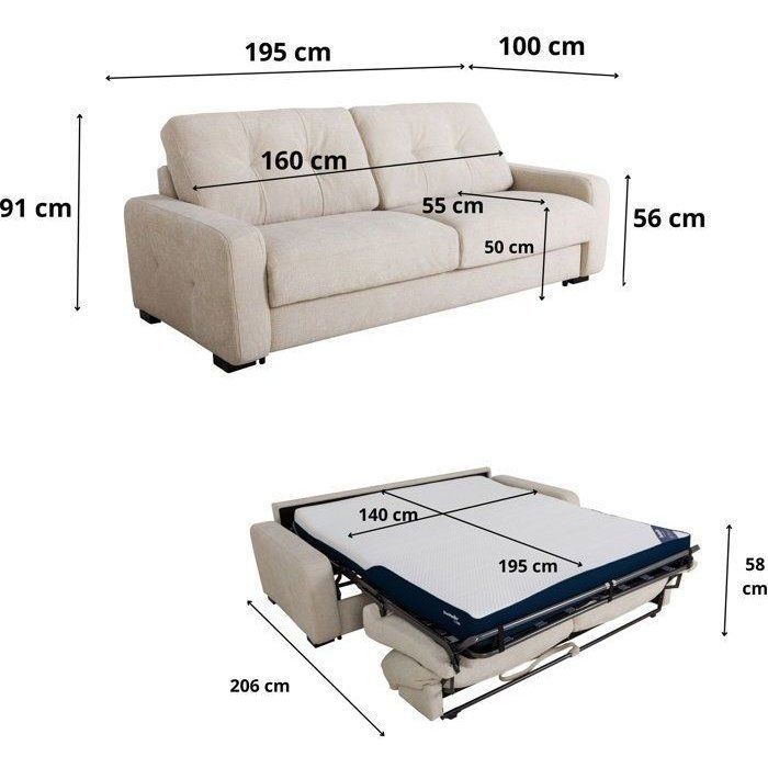 Express convertible sofa - 2/3 seater - SOA - Embossed fabric - Beige - 15 cm mattress - 195 x 100 x 91 cm - DUNLOPILLO