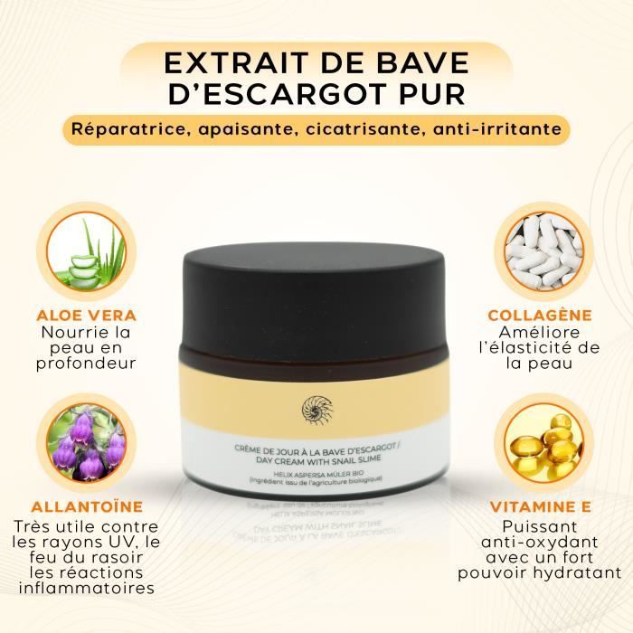 Le trio ULTRA RÉGÉNÉRANTE à la bave d'escargot BIO – Estompe les imperfections cutanées - JOUR-EAU MICELLAIRE-NUIT - Ingrédients