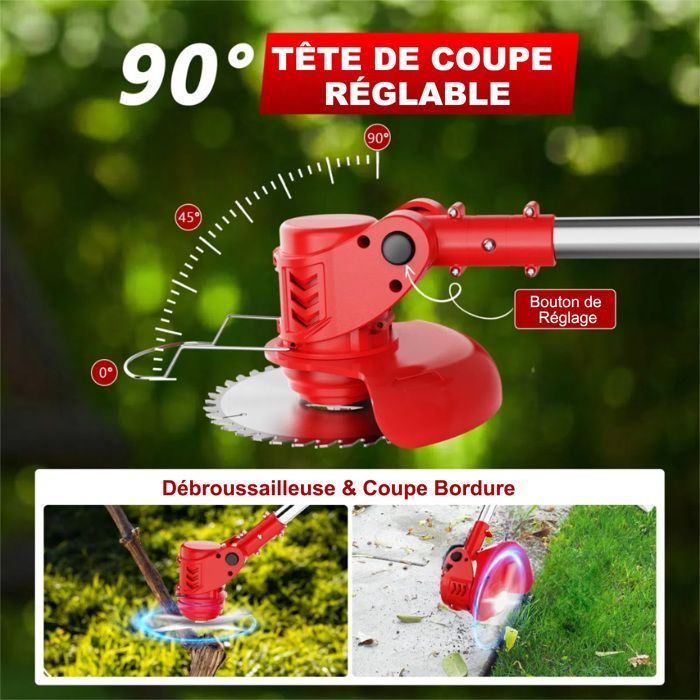 Desbrozadora inalámbrica de 21 V con cubierta protectora, 2 baterías y cargador para jardín, ligera y fácil de usar.