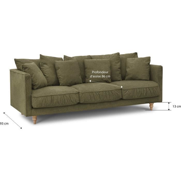 Canapé fixe 4 places CONSTANCE - Tissu vert - Pied en bois massif - L 212 x H 87 x P 93 cm