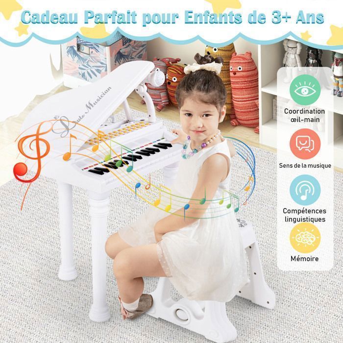 Piano infantil COSTWAY de 31 teclas con taburete, micrófono, 3 modos de enseñanza, luz LED, reproductor de MP3, 4 estilos musicales, 22 canciones, blanco.