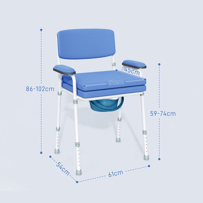 Silla inodoro multifuncional HOMCOM con cubo extraíble, altura regulable, asiento y reposabrazos acolchados, color azul.