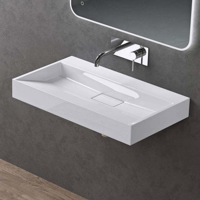 Lavabo mural Doporro con desagüe, lavabo de encimera blanco, 70x46x11cm, lavabo rectangular, no requiere perforación, Colossum19