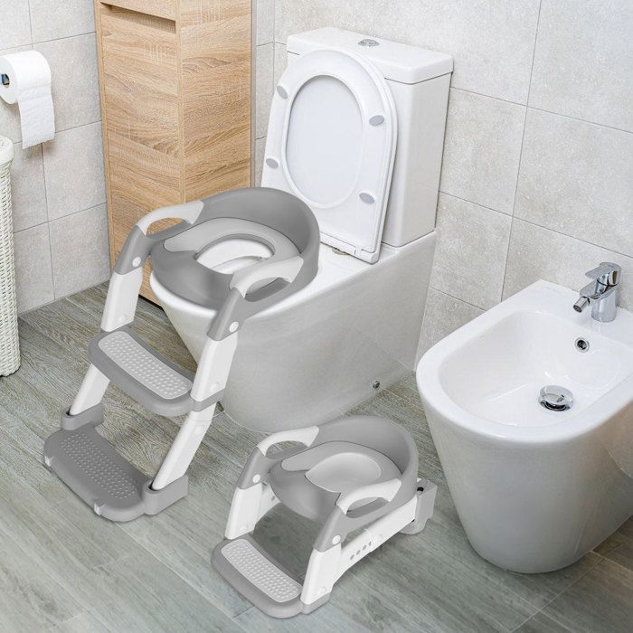 Cecaylie 2-in-1 Child Toilet Seat with Folding Step Stool, Cushions and Handles, Height Adjustable, Urinal, Toilet Reducer