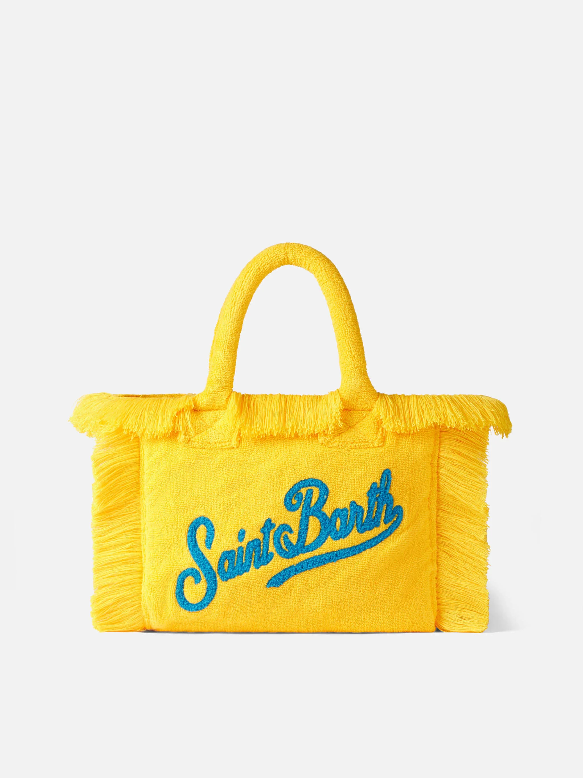 Colette Yellow Terry Fringed Handbag with Blue Saint Barth Embossed Logo, Metal Zip Flap, and Inside Pocket | MC2 Saint Barth