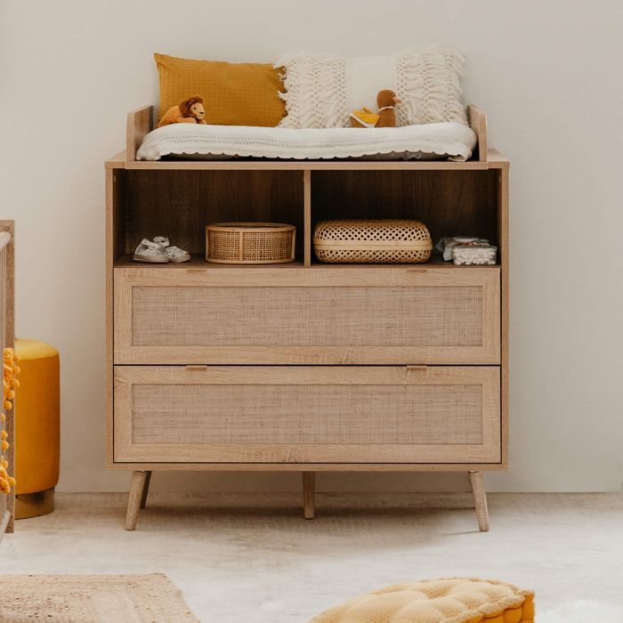 Baby changing table with 2 drawers in natural wood with a cane effect - CO7085 - Natural wood - Terre de Nuit