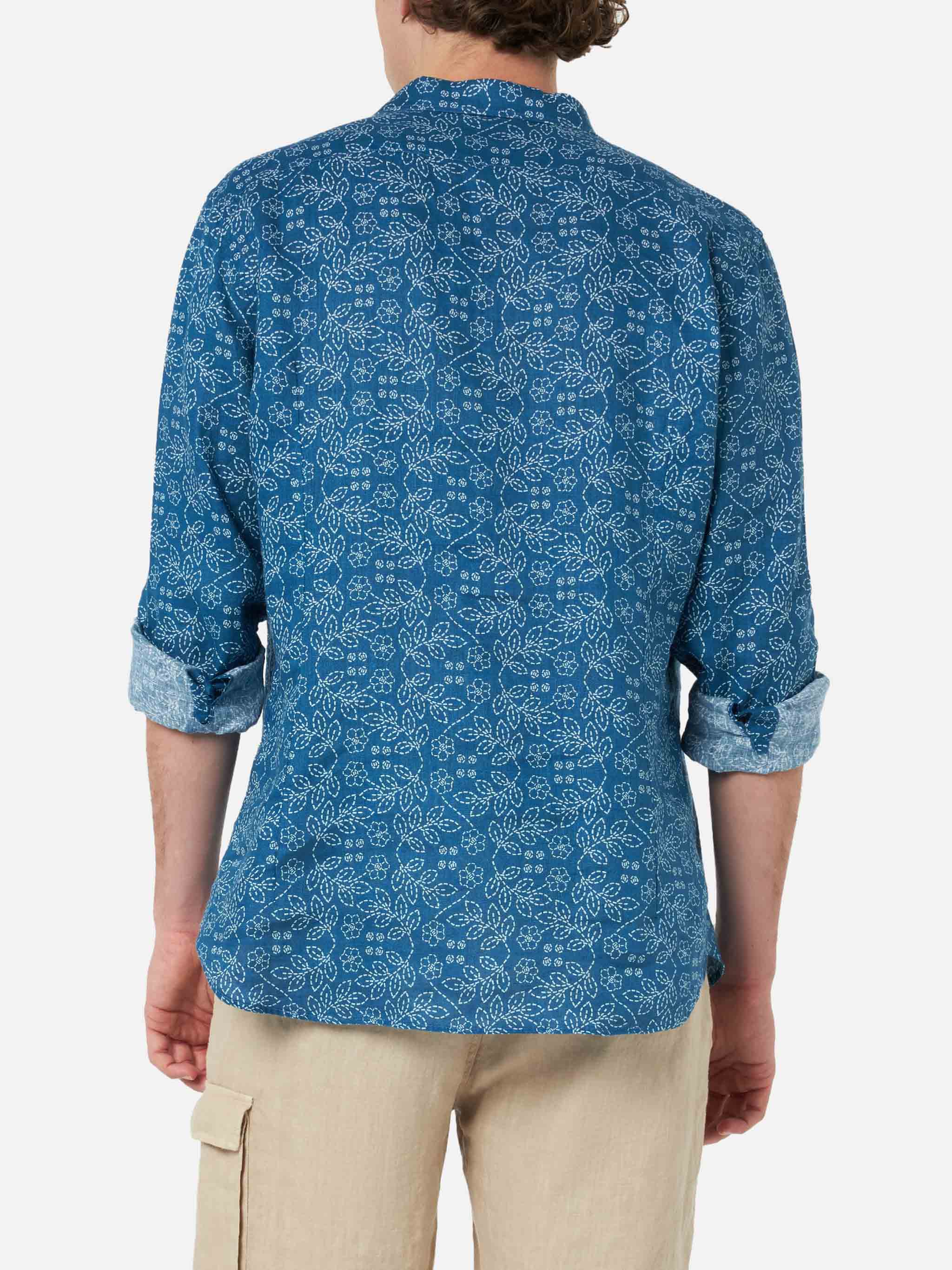 Camicia da uomo in lino blu navy Pamplona con stampa Sashiko